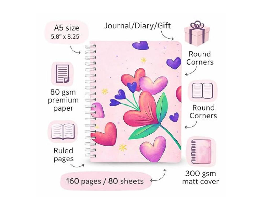 A5 Heart-Themed Spiral Notebook (Valentine Collection)