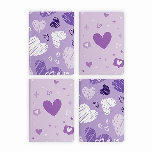 A5, Easy to Carry Plain & Ruled notebooks for Everyone Set of 4 (Purple Hearts Cover Design)