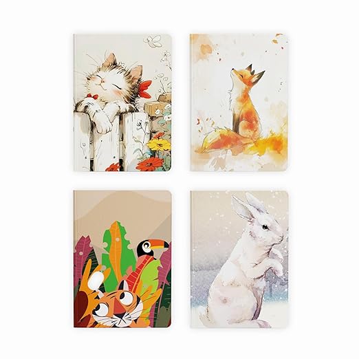 A5, Easy to Carry Plain & Ruled notebooks for Everyone Set of 4 (Animals Cover Design)