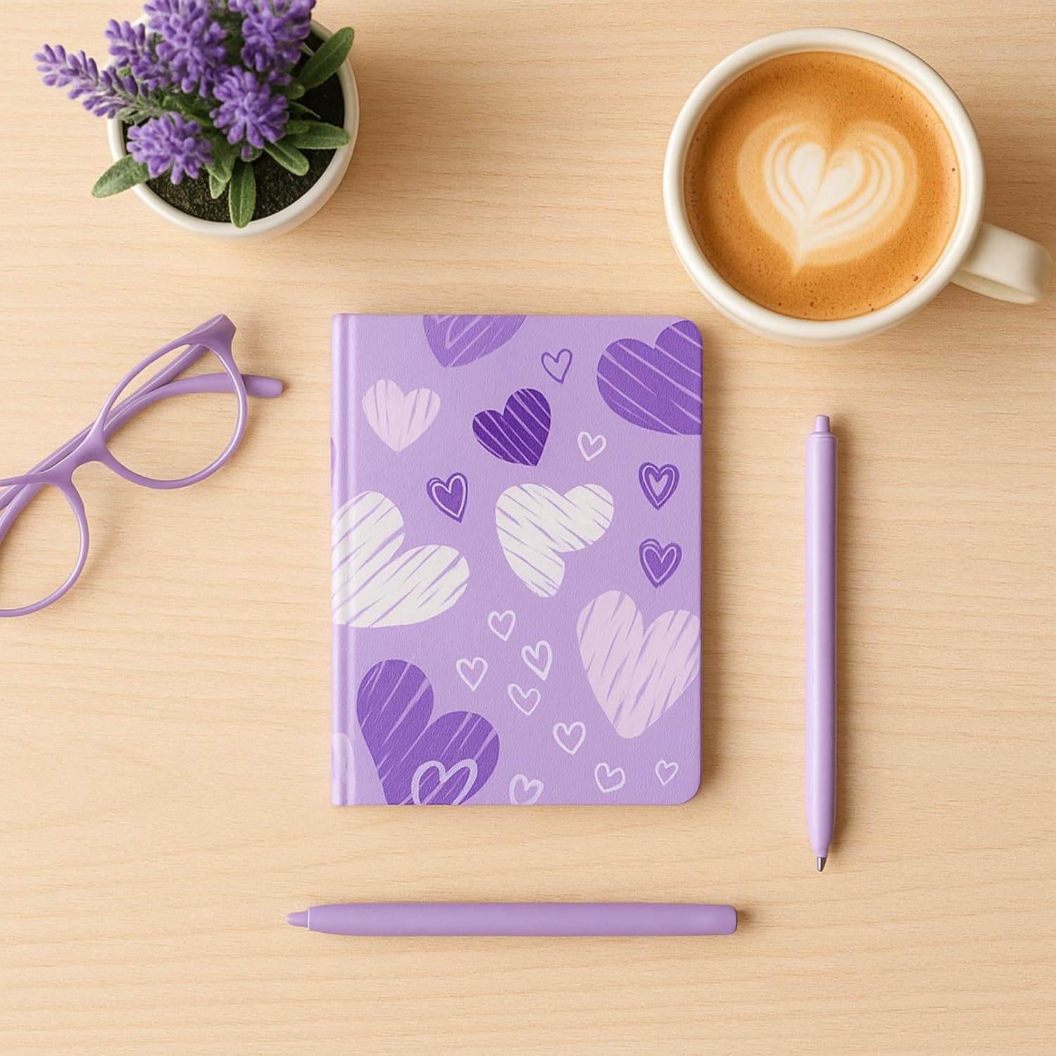 A5, Easy to Carry Plain & Ruled notebooks for Everyone Set of 4 (Purple Hearts Cover Design)