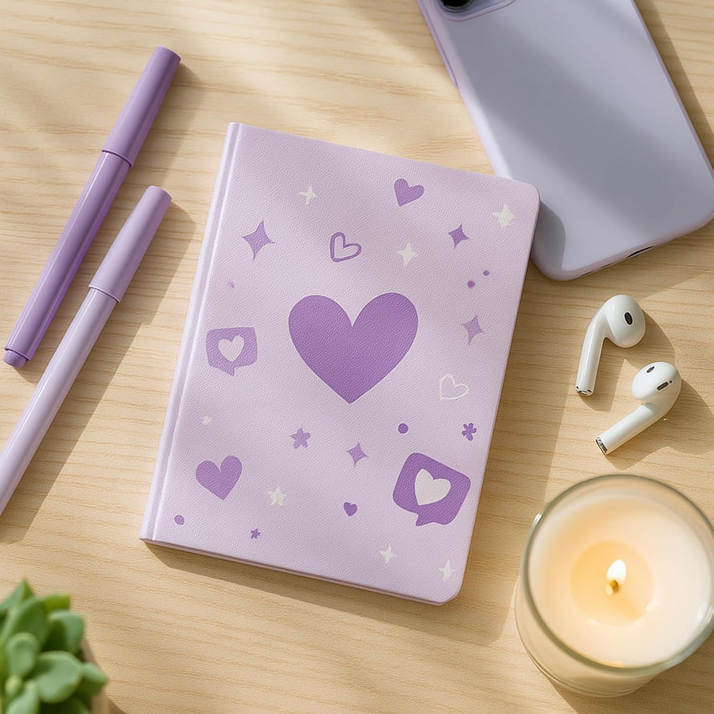 A5, Easy to Carry Plain & Ruled notebooks for Everyone Set of 4 (Purple Hearts Cover Design)