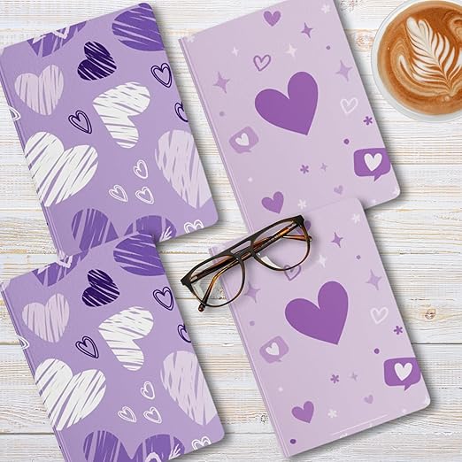 A5, Easy to Carry Plain & Ruled notebooks for Everyone Set of 4 (Purple Hearts Cover Design)