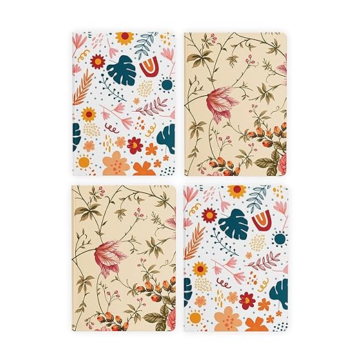 A5, Easy to Carry Plain & Ruled notebooks for Everyone Set of 4 (Floral Cover Design)