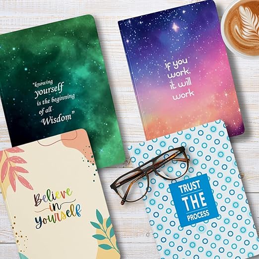 A5, Easy to Carry Plain & Ruled notebooks for Everyone Set of 4 (Motivational Cover Design)